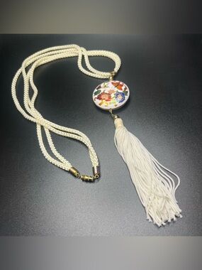 Vintage Cloisonné Floral Tassel Necklace White Rope Chain Asian Motif Pendant